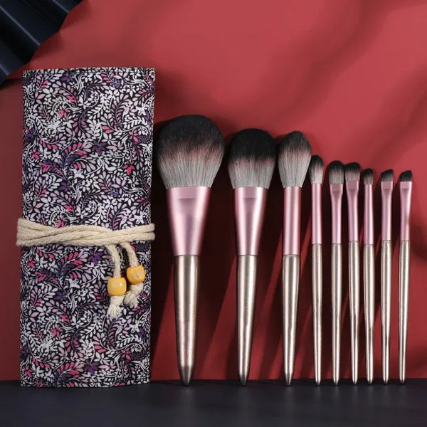 9-Piece Makeup Brush Set with Roll-Up Case, Soft Synthetic Bristles, Face & Eye Cosmetic Brushes