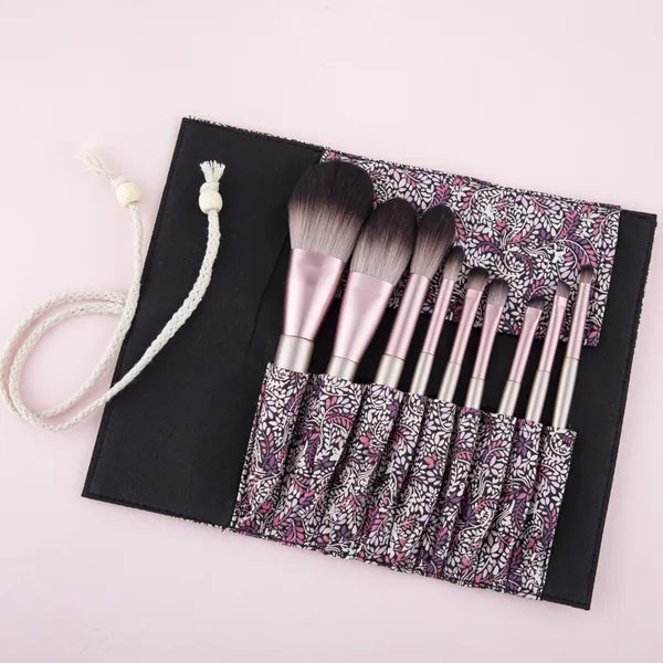 9-Piece Makeup Brush Set with Roll-Up Case, Soft Synthetic Bristles, Face & Eye Cosmetic Brushes