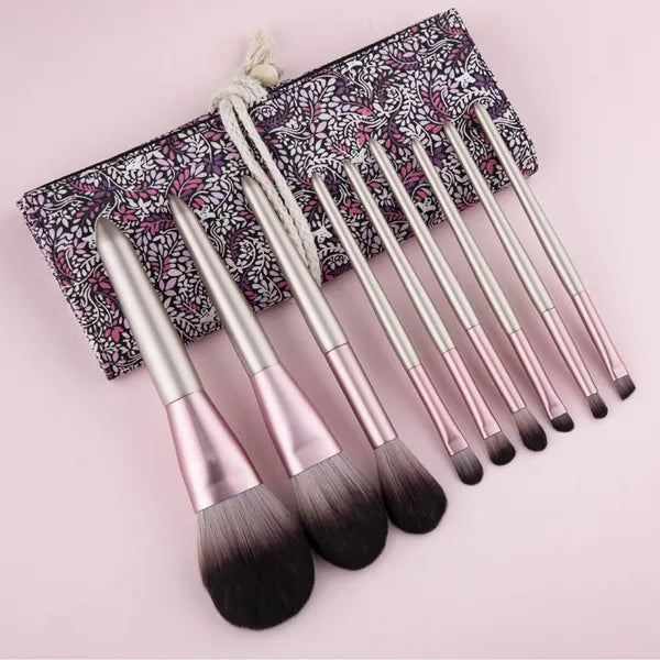 9-Piece Makeup Brush Set with Roll-Up Case, Soft Synthetic Bristles, Face & Eye Cosmetic Brushes