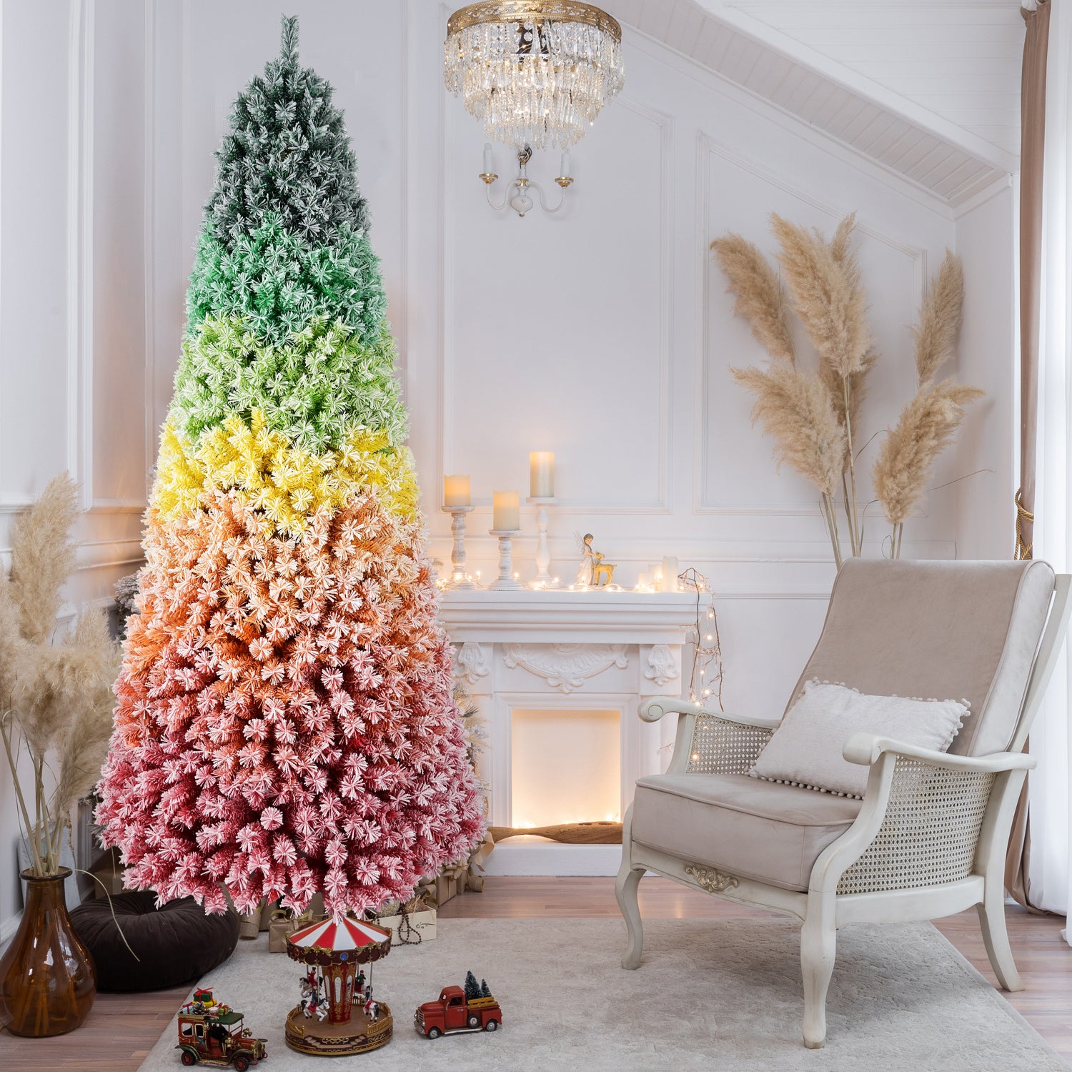 6FT/7.5FT Rainbow Gradient Christmas Tree, Snow Flocked Artificial Xmas Tree with Metal Stand for Holiday Decoration