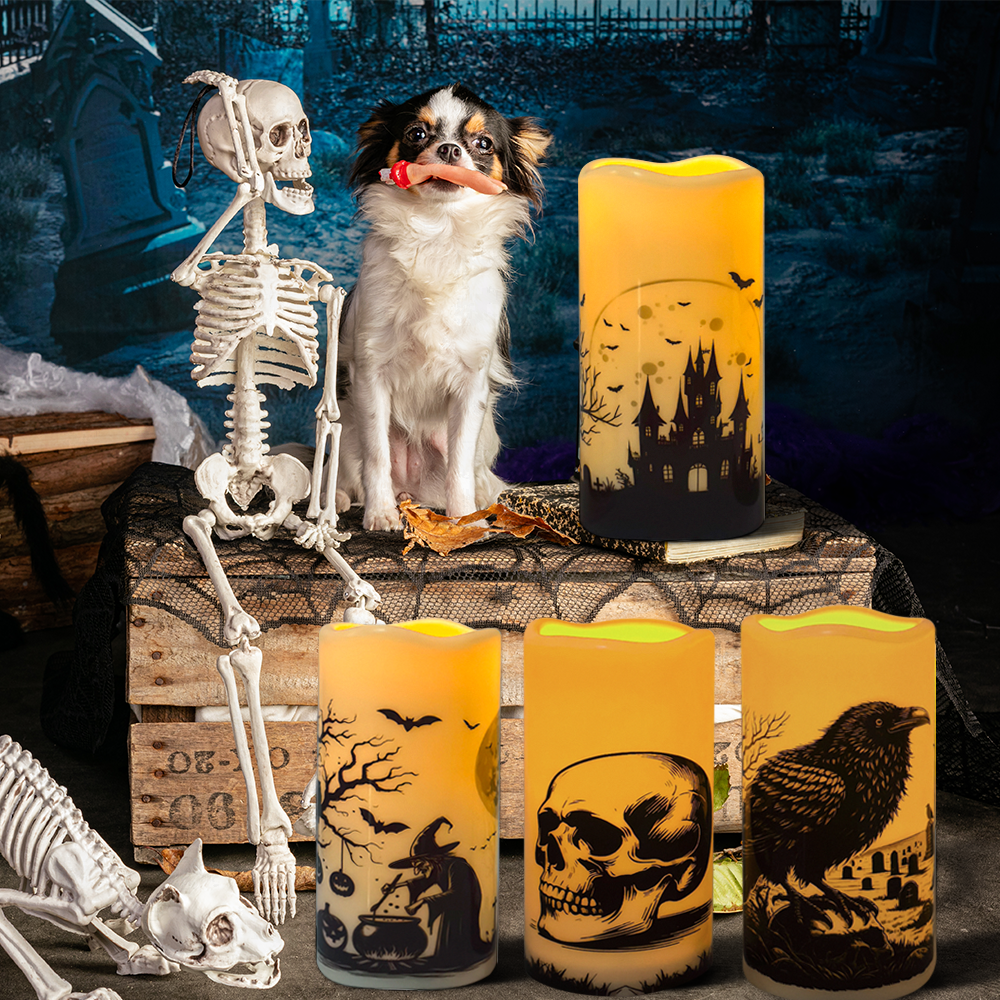 Halloween LED Flameless Flickering Candles,Horror stickers such as skeletons, spider webs, crows, ravens, etc., Halloween-themed indoor decorations (3-piece set, diameter 3 inches x height 6 inches)