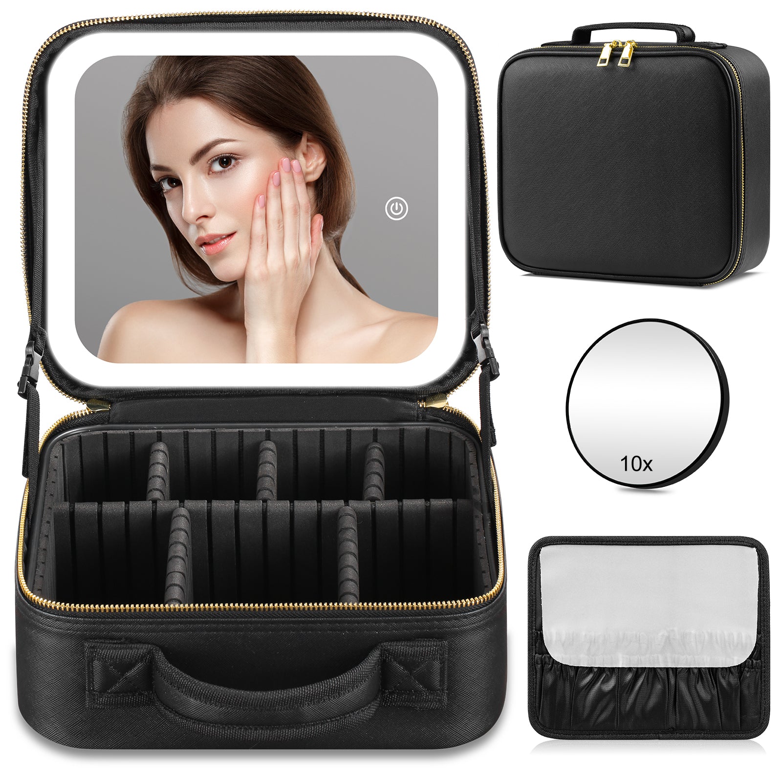 LED Makeup Bag with Mirror 3Color Light Adjustable Dividers Travel Case