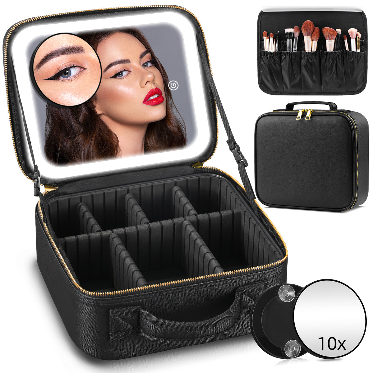 AEELLEEA Black Makeup Bag with LED Lighted Mirror, Cosmetic Train Case, 3 Color Lights, Adjustable Dividers, 10X Magnifying Mirror