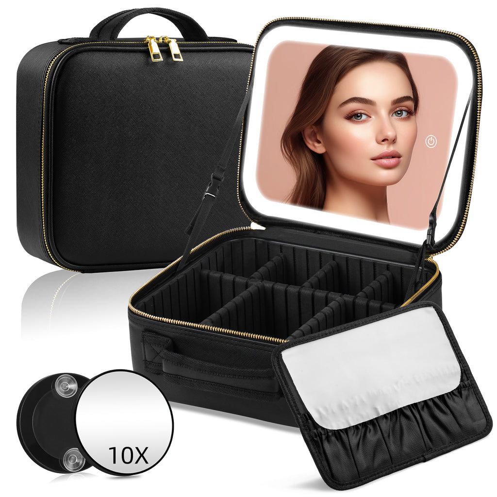 AEELLEEA Black Makeup Bag with LED Lighted Mirror, Cosmetic Train Case, 3 Color Lights, Adjustable Dividers, 10X Magnifying Mirror