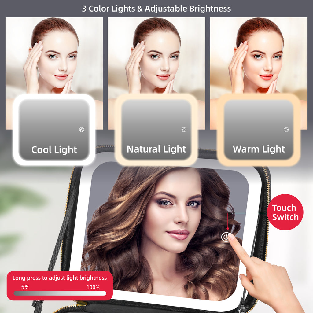 LED Makeup Bag with Mirror 3Color Light Adjustable Dividers Travel Case