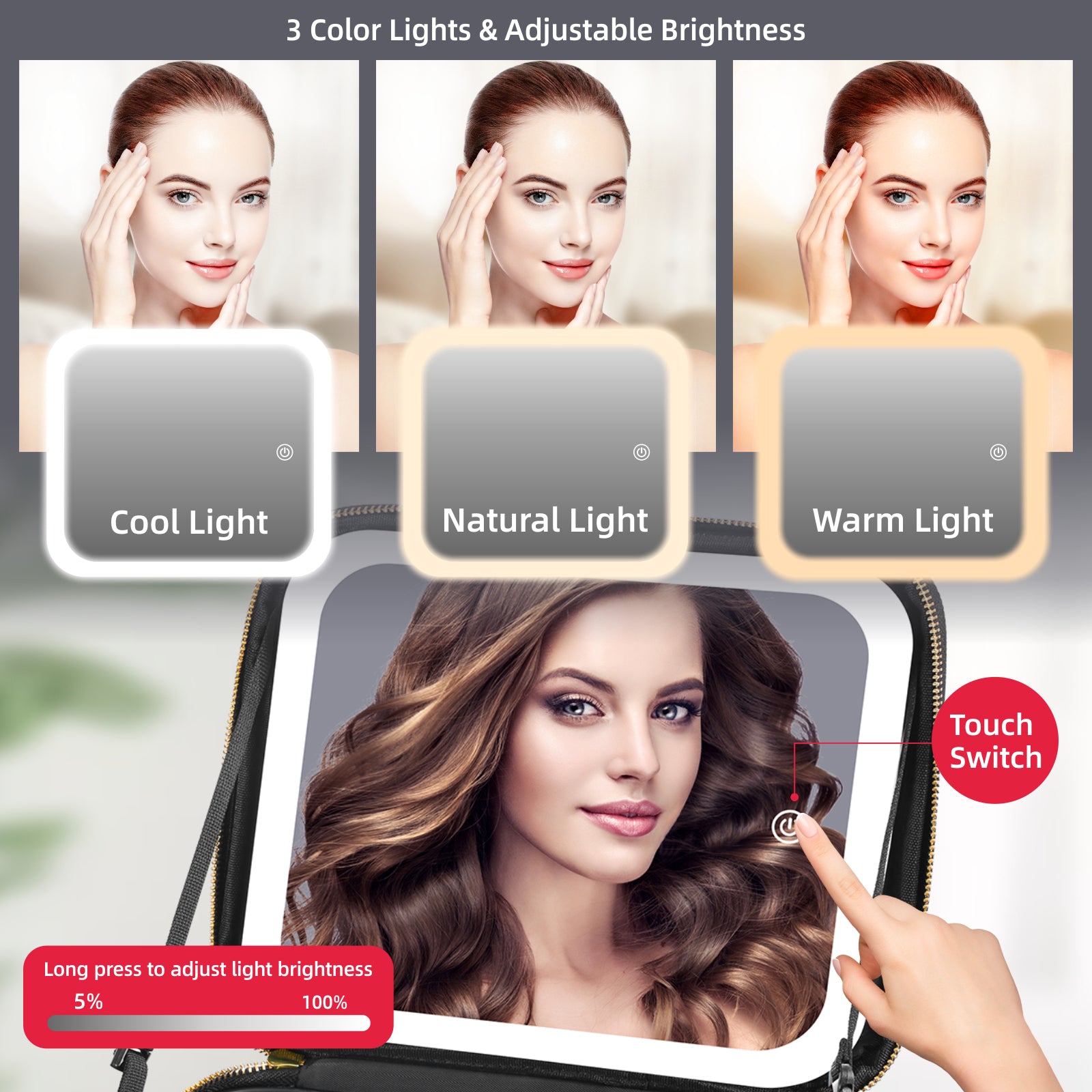 LED Makeup Bag with Mirror 3Color Light Adjustable Dividers Travel Case