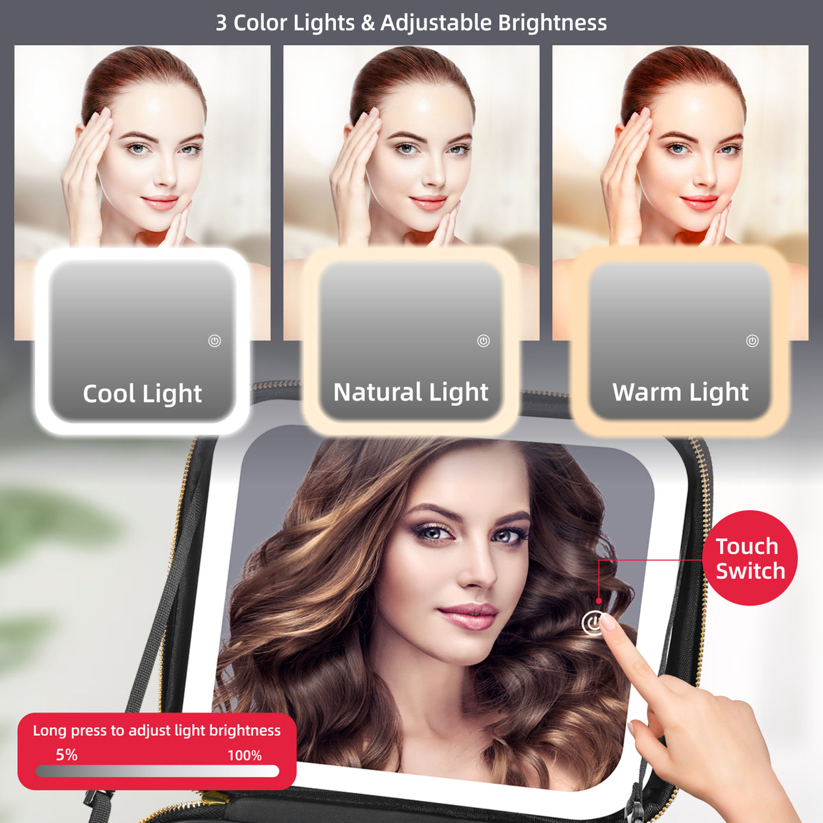 AEELLEEA Black Makeup Bag with LED Lighted Mirror, Cosmetic Train Case, 3 Color Lights, Adjustable Dividers, 10X Magnifying Mirror