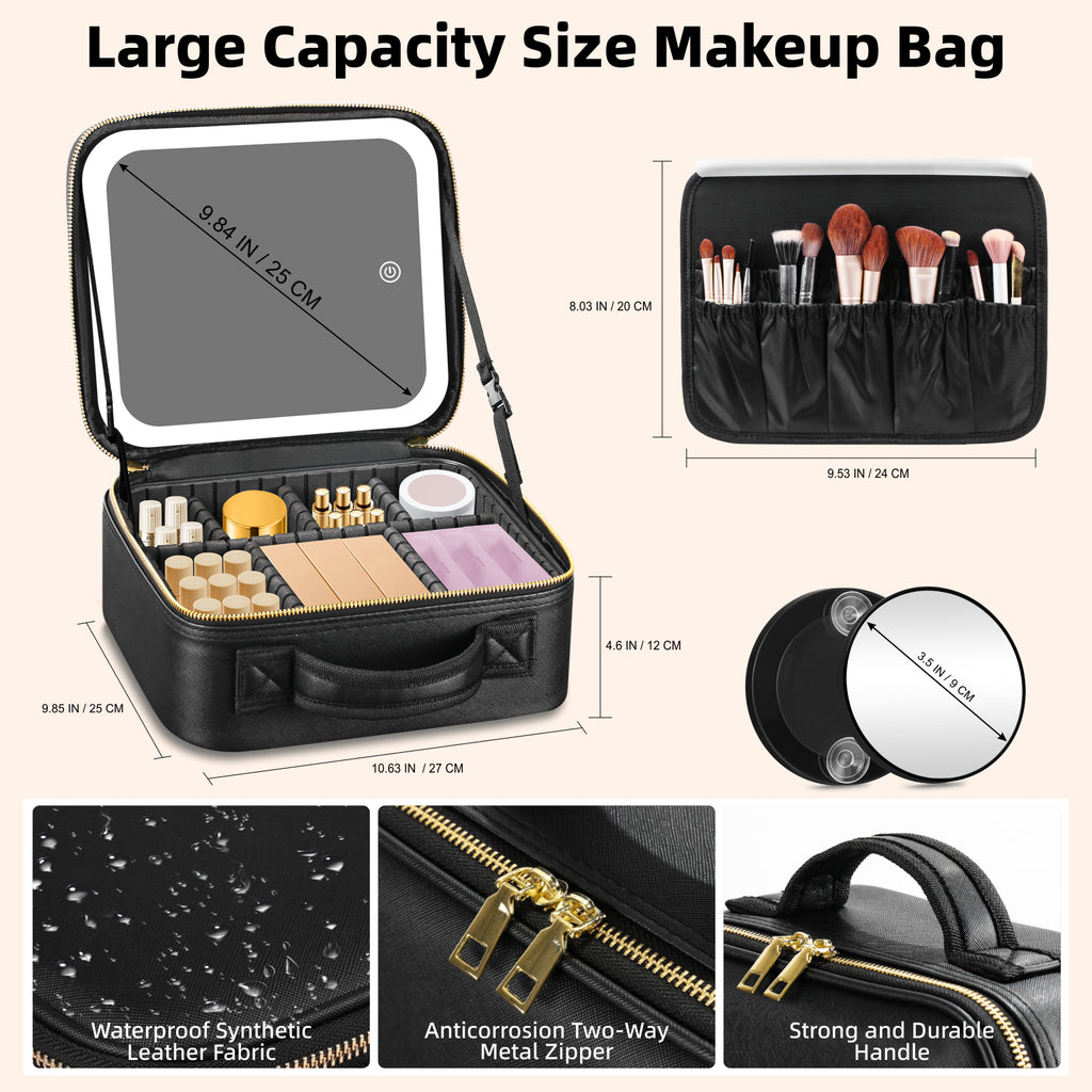 LED Makeup Bag with Mirror 3Color Light Adjustable Dividers Travel Case