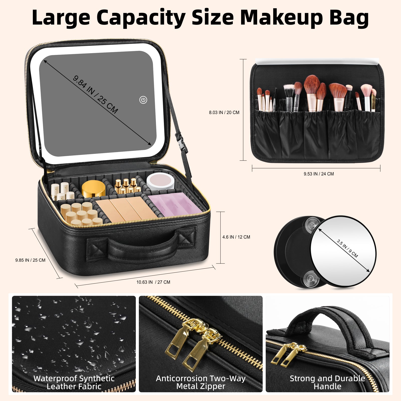LED Makeup Bag with Mirror 3Color Light Adjustable Dividers Travel Case