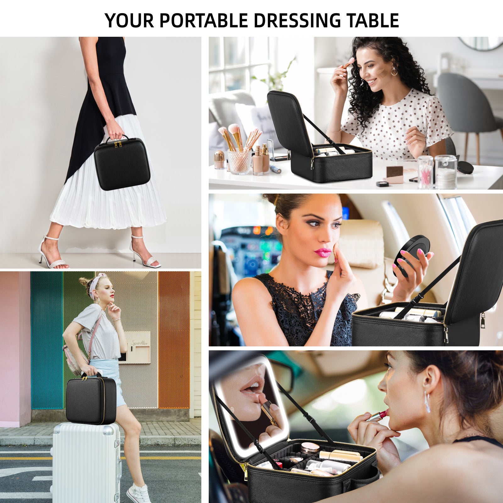 LED Makeup Bag with Mirror 3Color Light Adjustable Dividers Travel Case