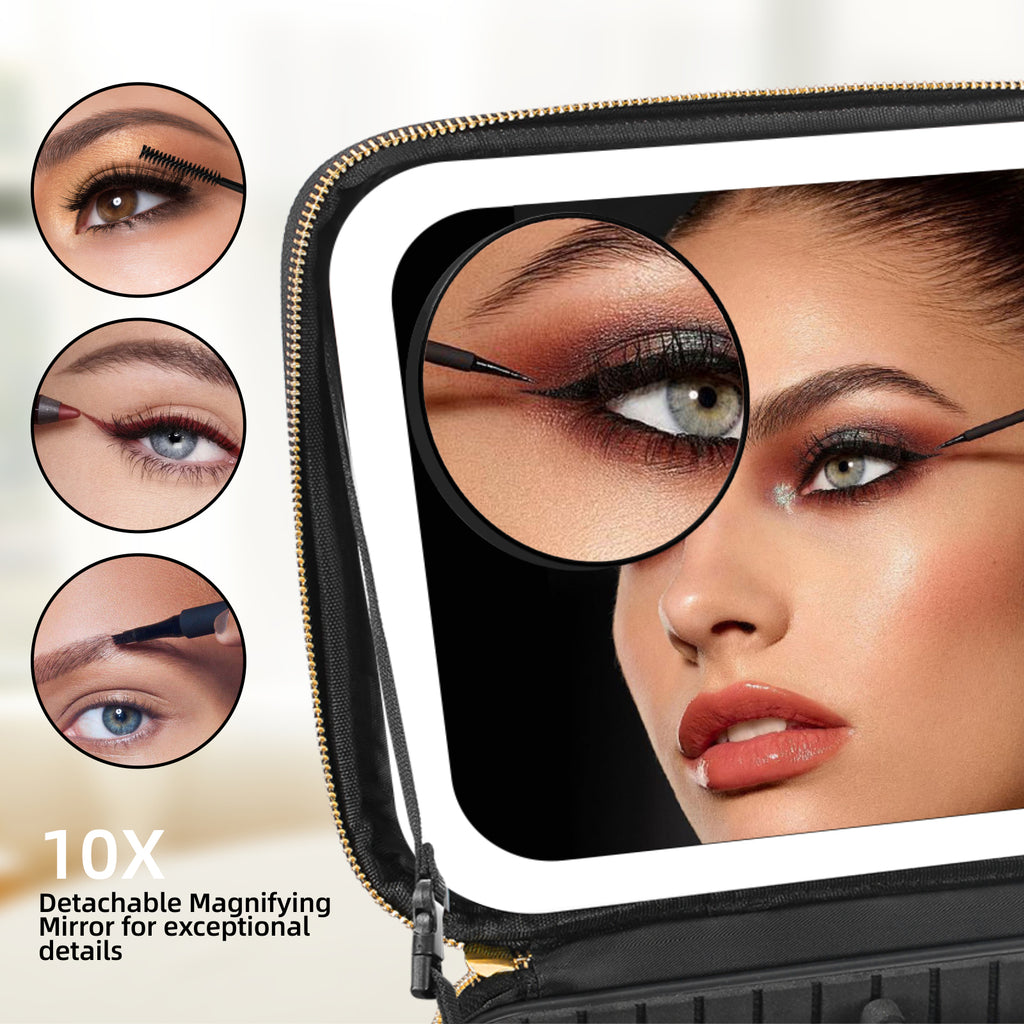 AEELLEEA Black Makeup Bag with LED Lighted Mirror, Cosmetic Train Case, 3 Color Lights, Adjustable Dividers, 10X Magnifying Mirror