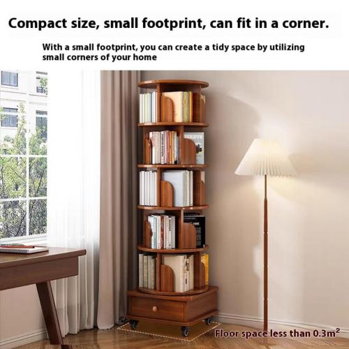 AEELLEEA 6-Tier 360° Rotating Bookshelf with Wheels & Storage Drawer, Wood Corner Bookcase Organizer for Bedroom Living Room Study, Walnut Brown