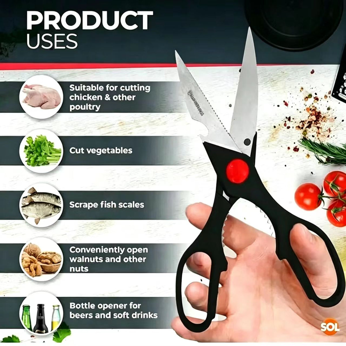 AEELLEEA-Heavy Duty Multi-Purpose Kitchen Scissors, Sharp Scissors with Nutcrackers,Bottle Opener, Vegetable Cutting Scissors,Multi-Purpose Gadgets