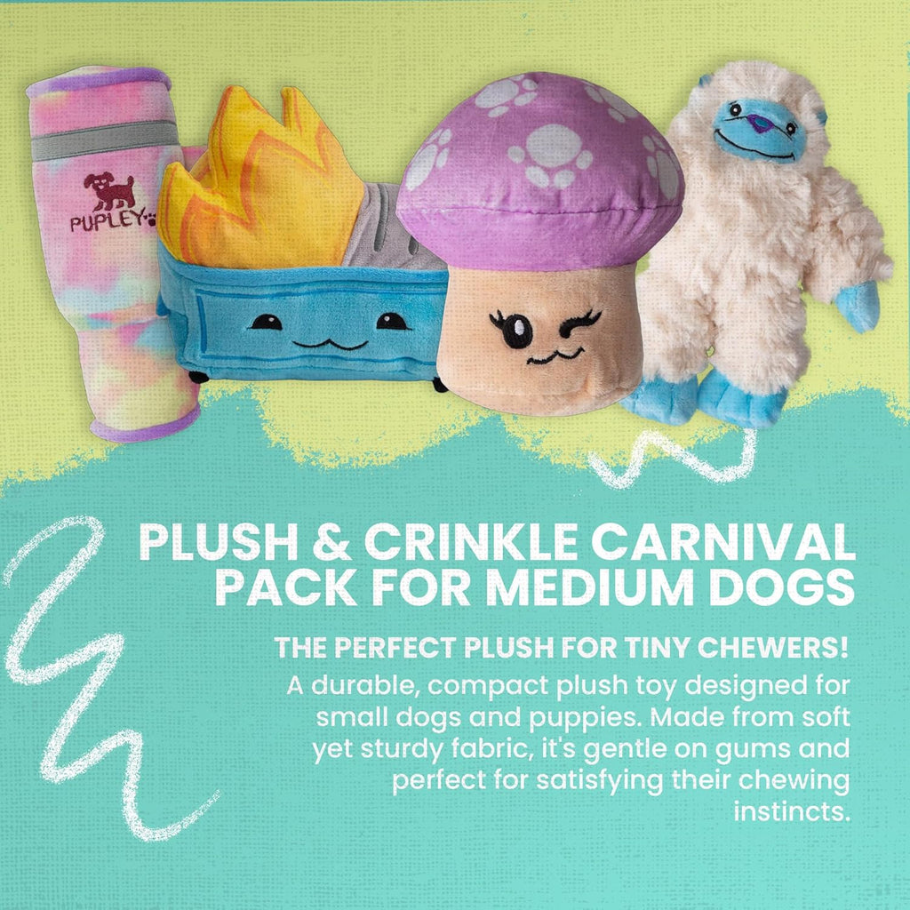 Snugarooz Plush & Crinkle Carnival Bundle for Medium Breeds – Magic the Mushroom, Dumpster Fire, Young Yeti & Pupley – Soft, Squeaky & Sensory Toy Play Pack