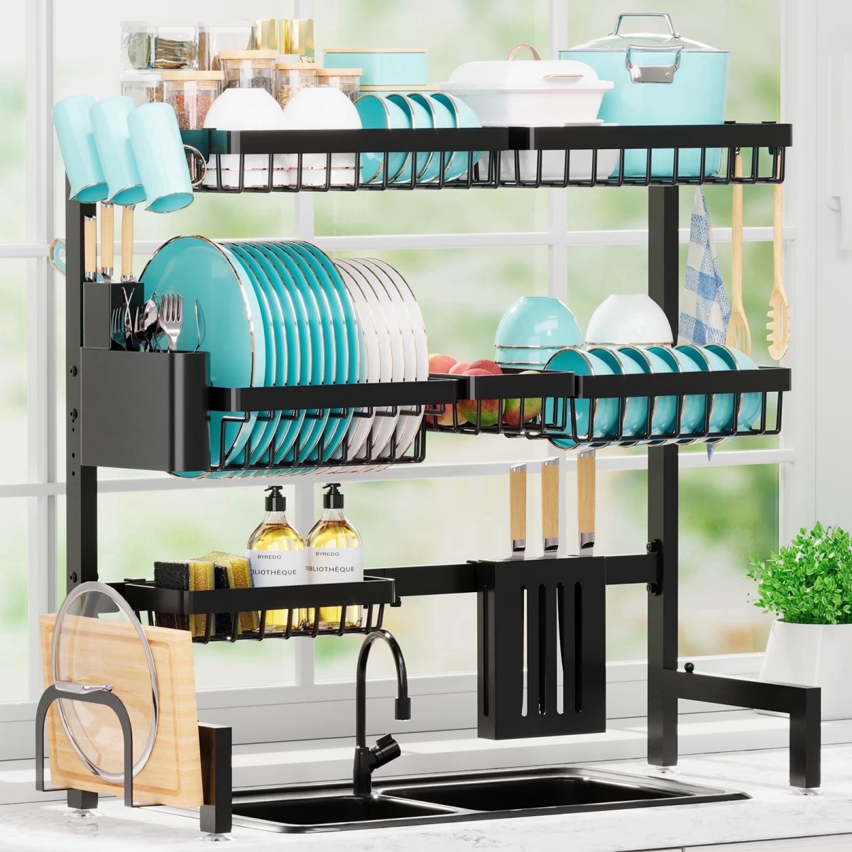 AEELLEEA Over The Sink Dish Drying Rack, Expandable 31"-39" 304 Stainless Steel Large Dish Drainer for Kitchen Counter, Black