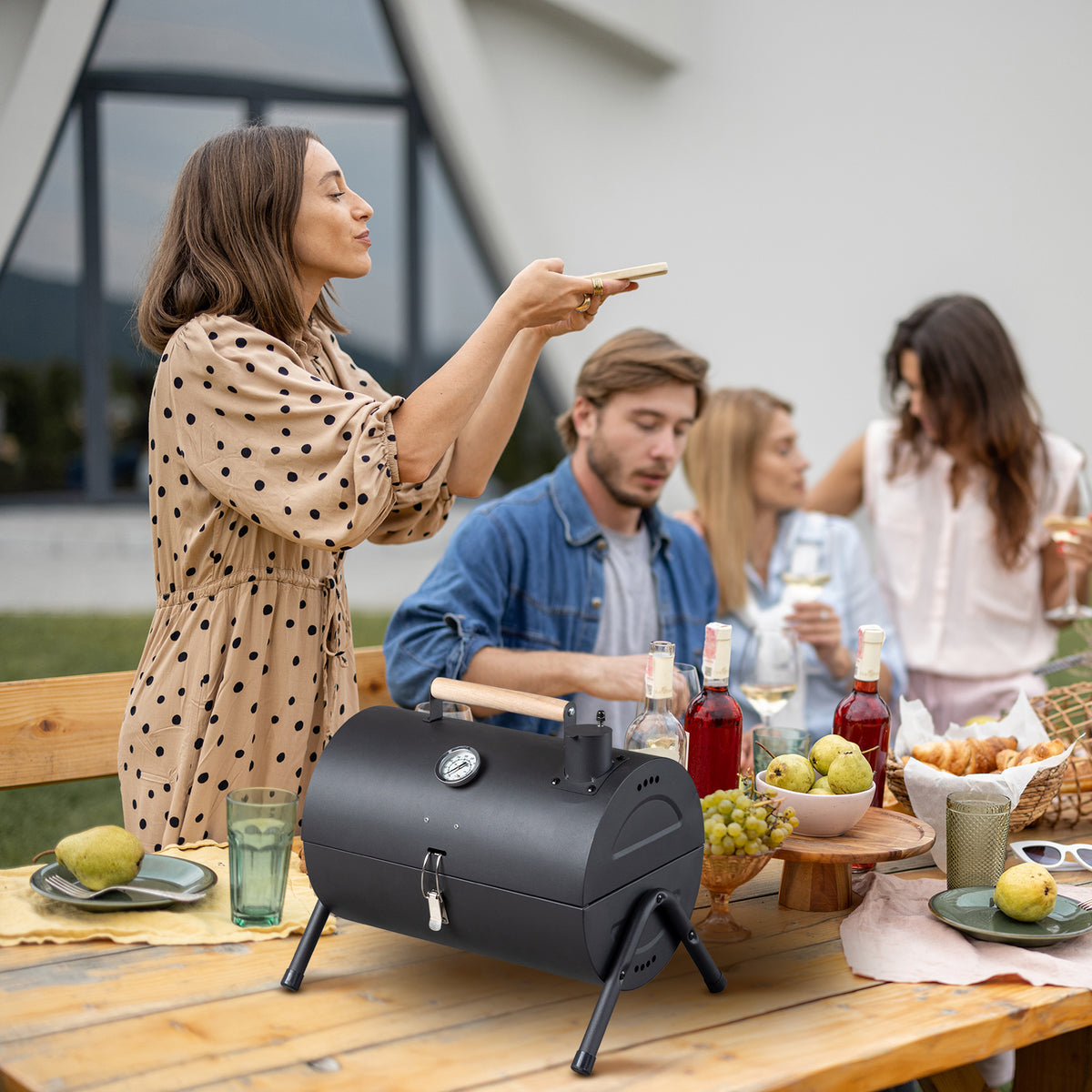 AEELLEEA-Portable Charcoal Grill with Thermometer & Wooden Handle, Compact Tabletop BBQ Grill for Camping
