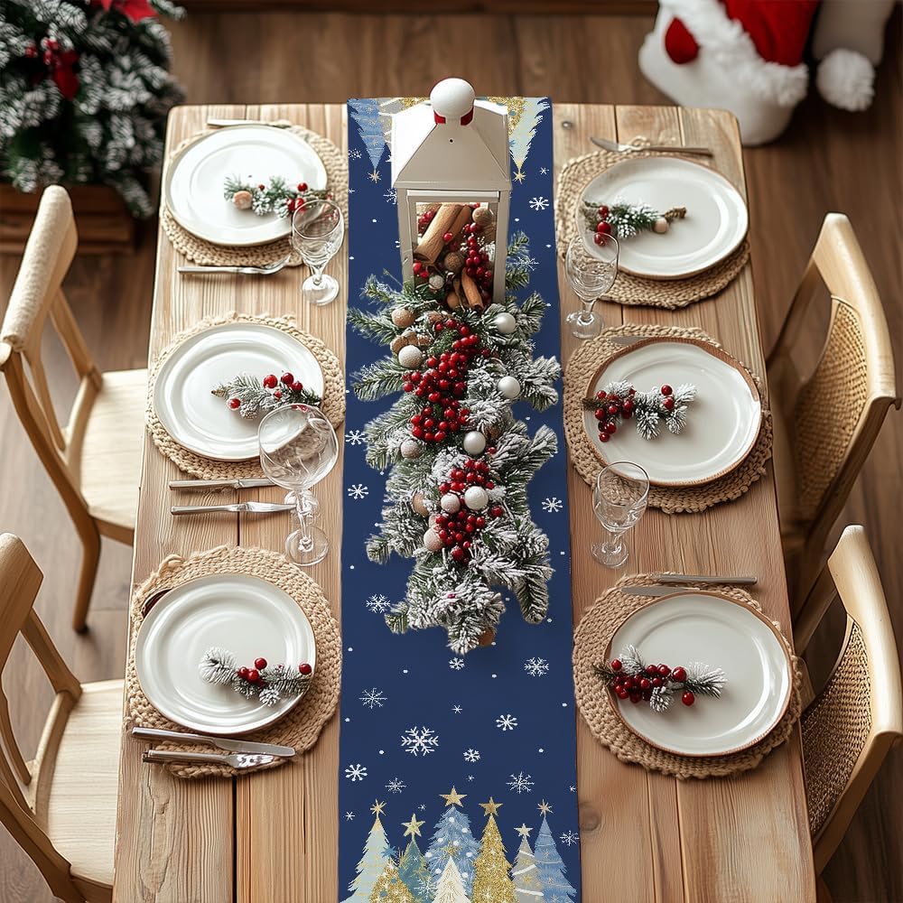 AEELLEEA Christmas Table Runner, Navy Blue Xmas Tree Snowflake Print 13x72 Inch Faux Linen Polyester Table Runner for Holiday Dining Table Home Christmas Decor
