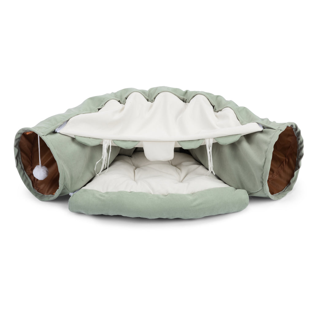 Collapsible Integrated Cat Bed, Washable Indoor Cat Play Tunnel Hideaway with Plush Ball Toy for Kittens