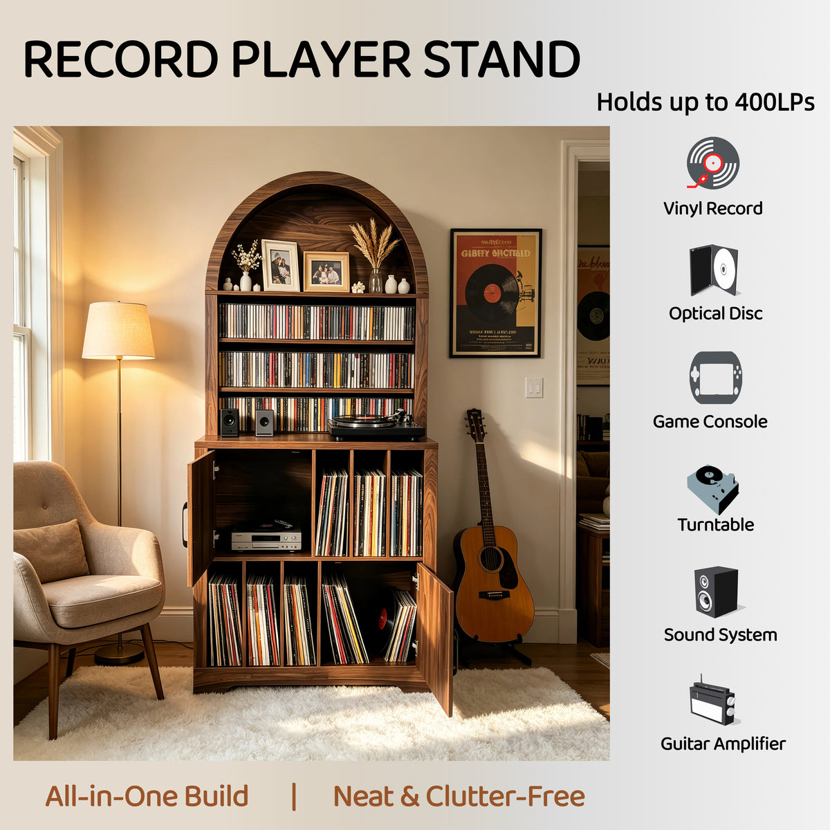 AEELLEEA Arched Vinyl Record Storage Cabinet, Tall Mid-Century Turntable Stand with Doors, Holds 400 LPs, Media Shelf for Living Room