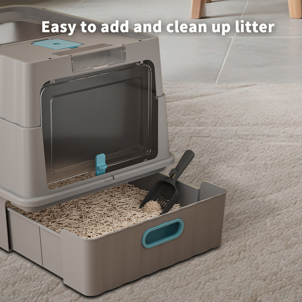 Convertible Enclosed Cat Litter Box with Pull-Out Drawer, Front Door, Top Vent Panel & Litter Scoop, Gray, 19.69" x 13.78" x 13.78"