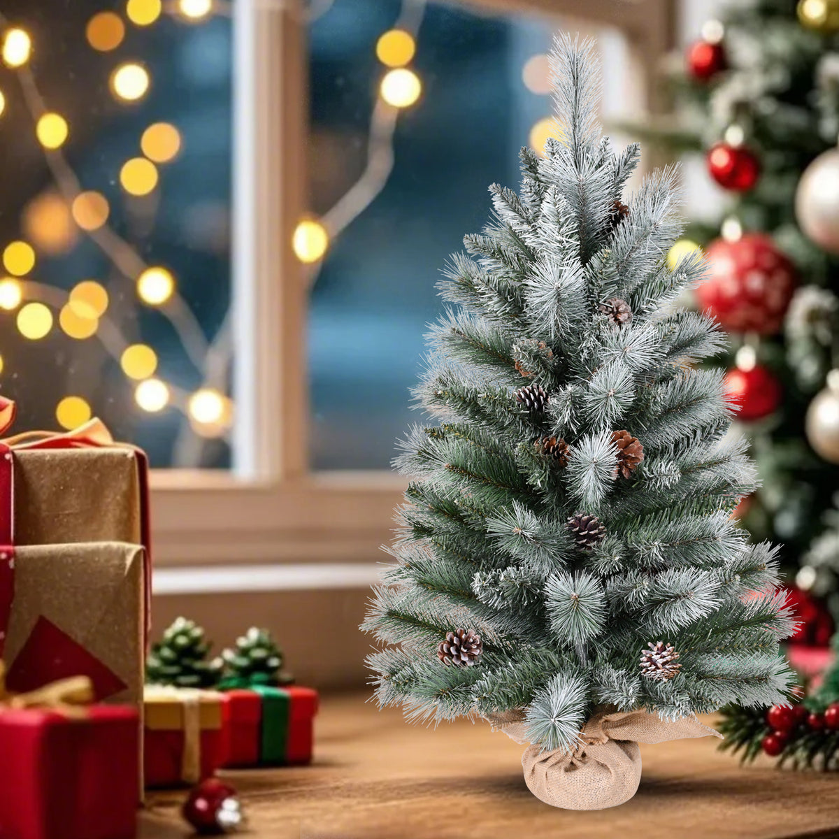 2ft Small Flocked Artificial Christmas Tree with Pinecones & Burlap Base, Tabletop Mini Christmas Tree for Home Holiday Decor