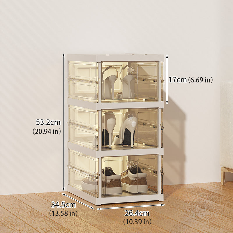 Foldable Collapsible Shoe Box Organizer Rack – 3 Tier Stackable Clear Sneaker Storage Boxes with Lids, Folding Shoe Cabinet Shelf, Plastic Portable Storage Bins with Easy Assembly for Closet Entryway