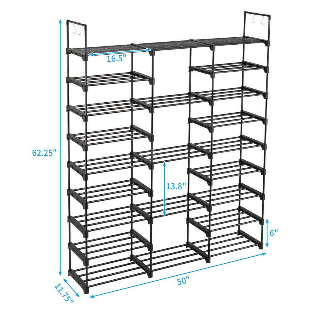 AEELLEEA- 9-Tier Freestanding Shoe Rack Organizer, Large Storage Holds 50-55 Pairs, Adjustable Height Metal Shoe Shelf with Hooks
