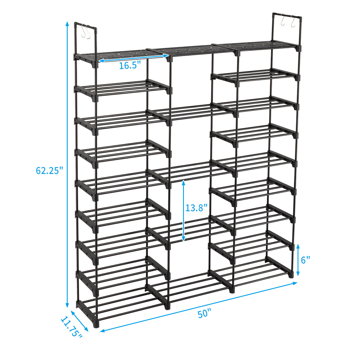 AEELLEEA- 9-Tier Freestanding Shoe Rack Organizer, Large Storage Holds 50-55 Pairs, Adjustable Height Metal Shoe Shelf with Hooks