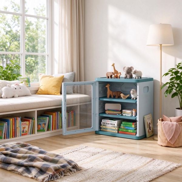AEELLEEA Kids Storage Cabinet with Clear Door, 2-Tier Toy and Book Organizer, 15.2" x 14" x 16.1", Blue