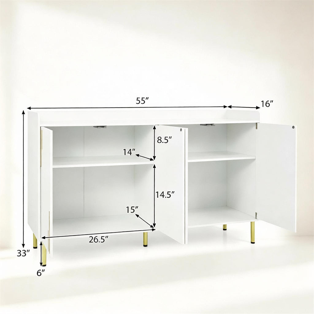 AEELLEEA 55"W White 4-Door Storage Sideboard Cabinet, 33"H Buffet Cabinet with Gold Metal Legs for Kitchen Dining Room