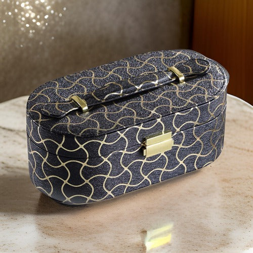Travel Jewelry Case with 2 Semicircle Slots and Wavy Pattern, Black