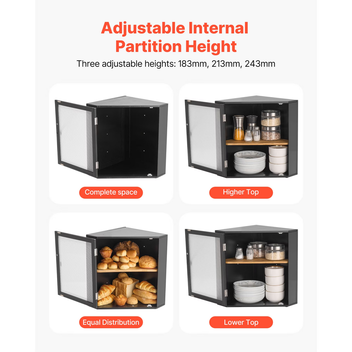 AEELLEEA Black Bamboo Corner Bread Box, Adjustable Shelf Bread Storage Container with Fluted Acrylic Door for Kitchen Countertop