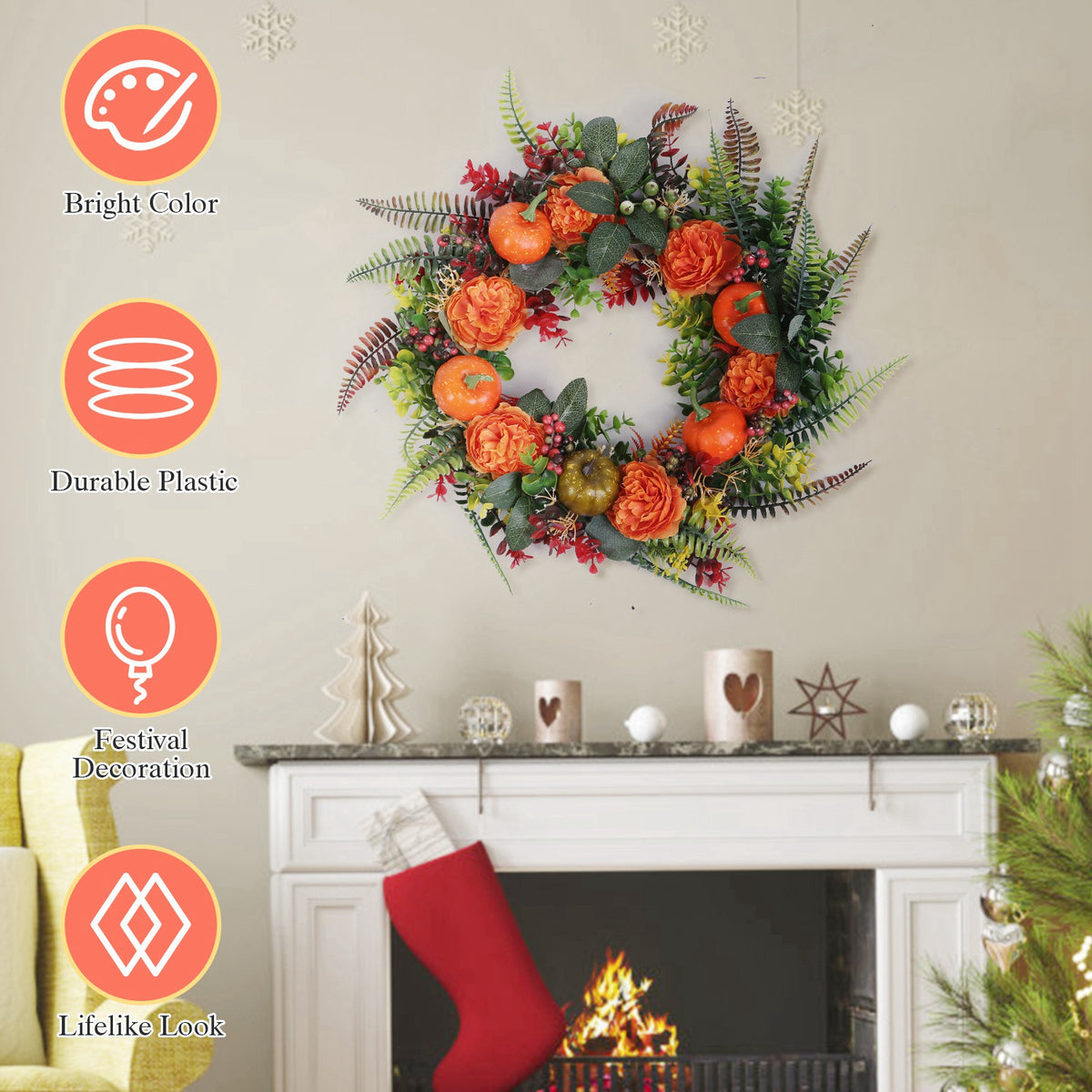 AEELLEEA-17.71 Inch Fall Artificial Wreath, PE Autumn Wreath with Pumpkins, Berries & Leaves, Hanging Ornament for Front Door Wall Thanksgiving Halloween Decor