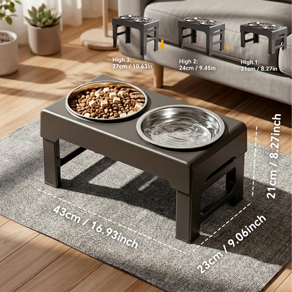 Adjustable Height Raised Dog Bowl Stand with Slow Feeder Bowl & Regular Stainless Steel Bowl, Elevated Pet Feeder Station for Small Medium Large Dogs