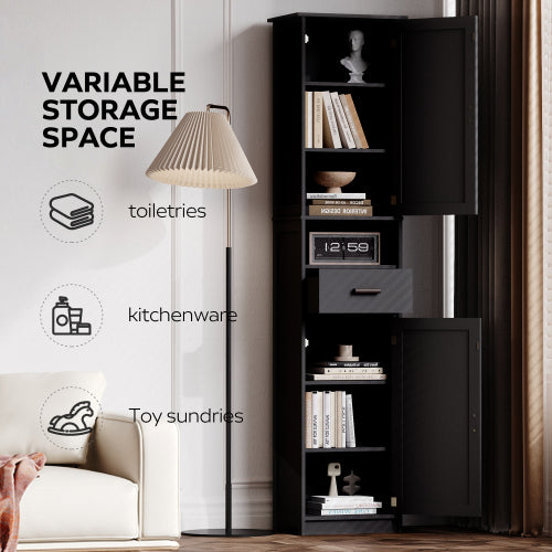 AEELLEEA Tall Narrow Storage Cabinet with Adjustable Shelves, Drawer and 2 Doors, Black