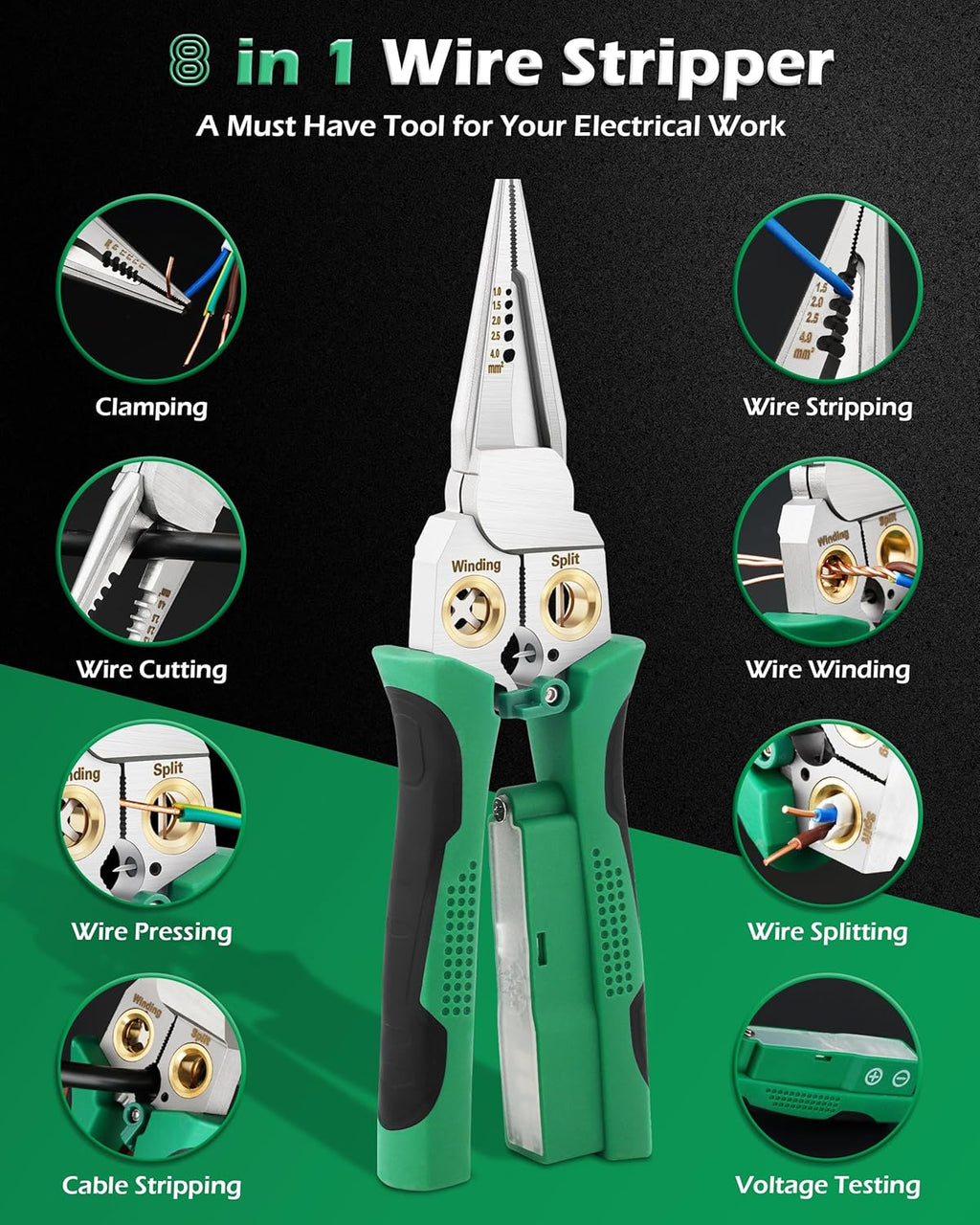 Voltmaster 8-in-1 Multi-Tool, Voltclaw Electrical Tools for Electrician, Wire Stripper with Voltage Tester, Cutting & Crimping Pliers for Home Repair