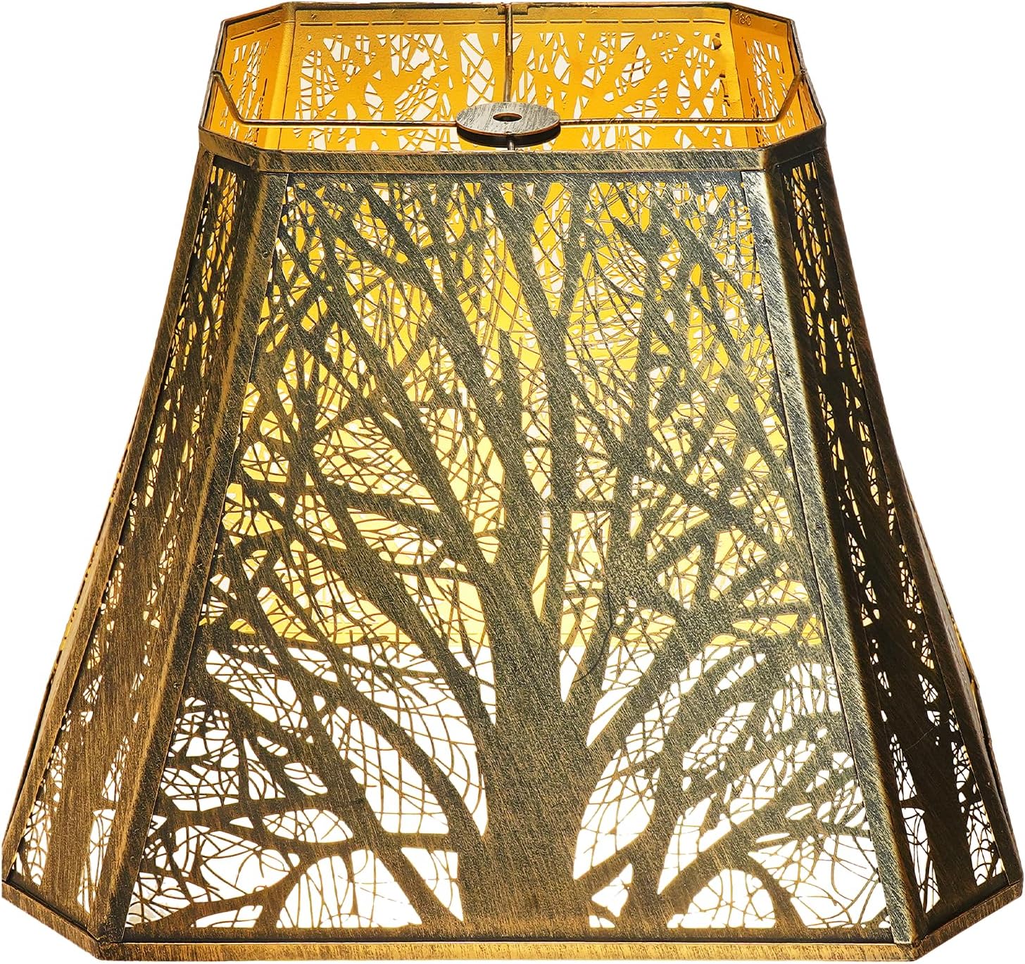 ALUCSET 7"×9"×12.25" Hexagonal Metal Lamp Shade, Forest Etched Tree Shadow Glow Lampshade with Spider Fitter for Table & Floor Lamps