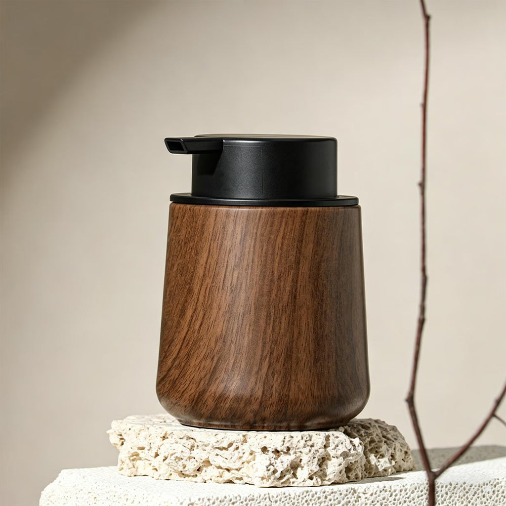 Wood Grain Foaming Soap Dispenser, 10oz Walnut Pump Bottle for Hand Soap & Lotion, Refillable Rustic Bathroom Kitchen Soap Dispenser with Dense Foam Pump