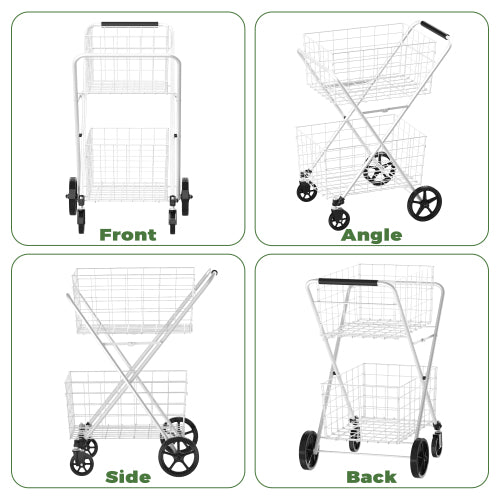 AEELLEEA 2-Tier Folding Shopping Cart with Waterproof Liners, 120L Capacity, 220 lb Load Capacity, White