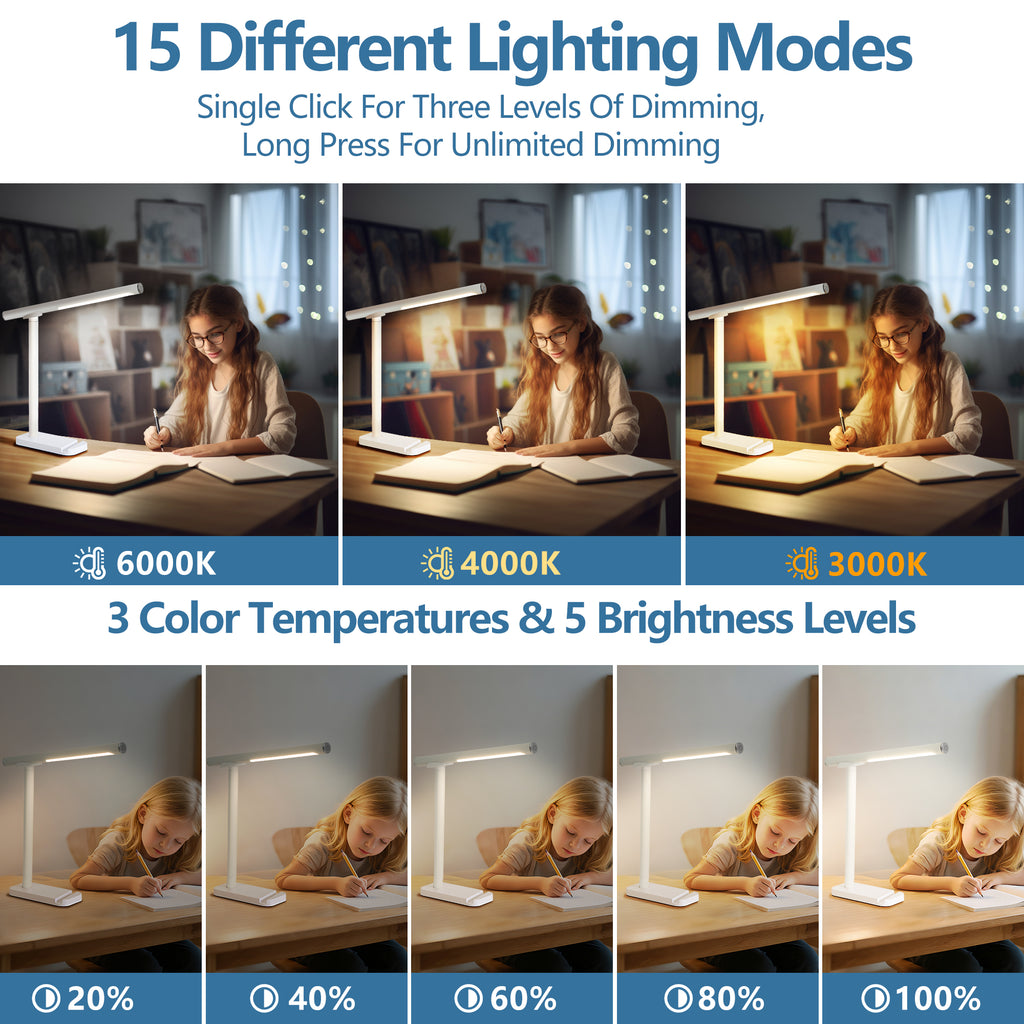 AEELLEEA Magnetic LED Desk Lamp, 360° Rotatable Detachable Light Bar, 15 Lighting Modes Dimmable USB Table Lamp for Study Reading Work