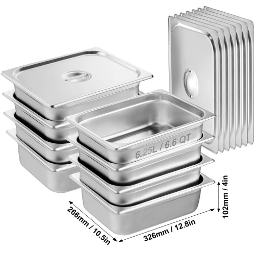 8 Pack 1/2 Size Steam Table Pan with Lid, 4 Inch Deep Stainless Steel Hotel Pan, 6.6 QT Anti-Jam Restaurant Pan