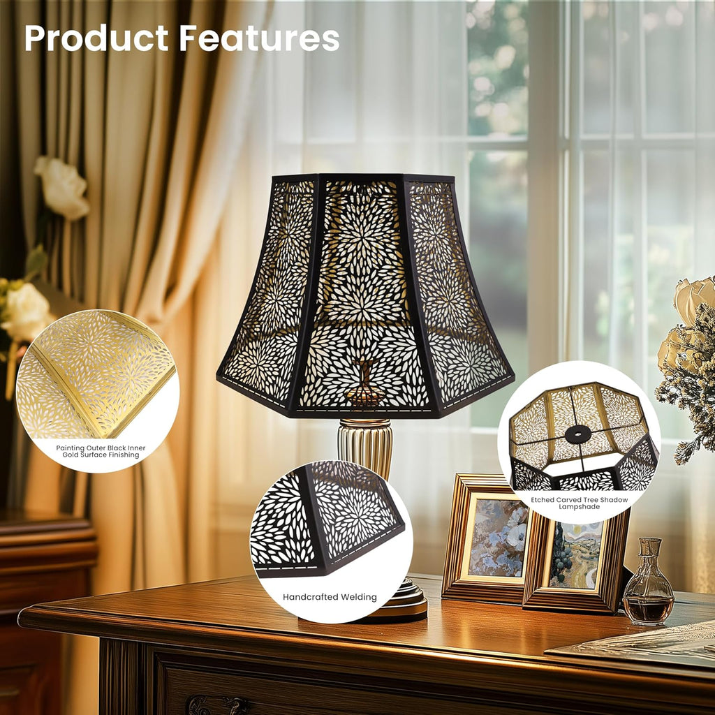 ALUCSET Metal Bell Lamp Shade 8x14x9 Inch Black Gold Large Chrysanthemum Etched Lampshade Spider Fitter for Floor Lamp Table Lamp Bedroom Living Room Replacement