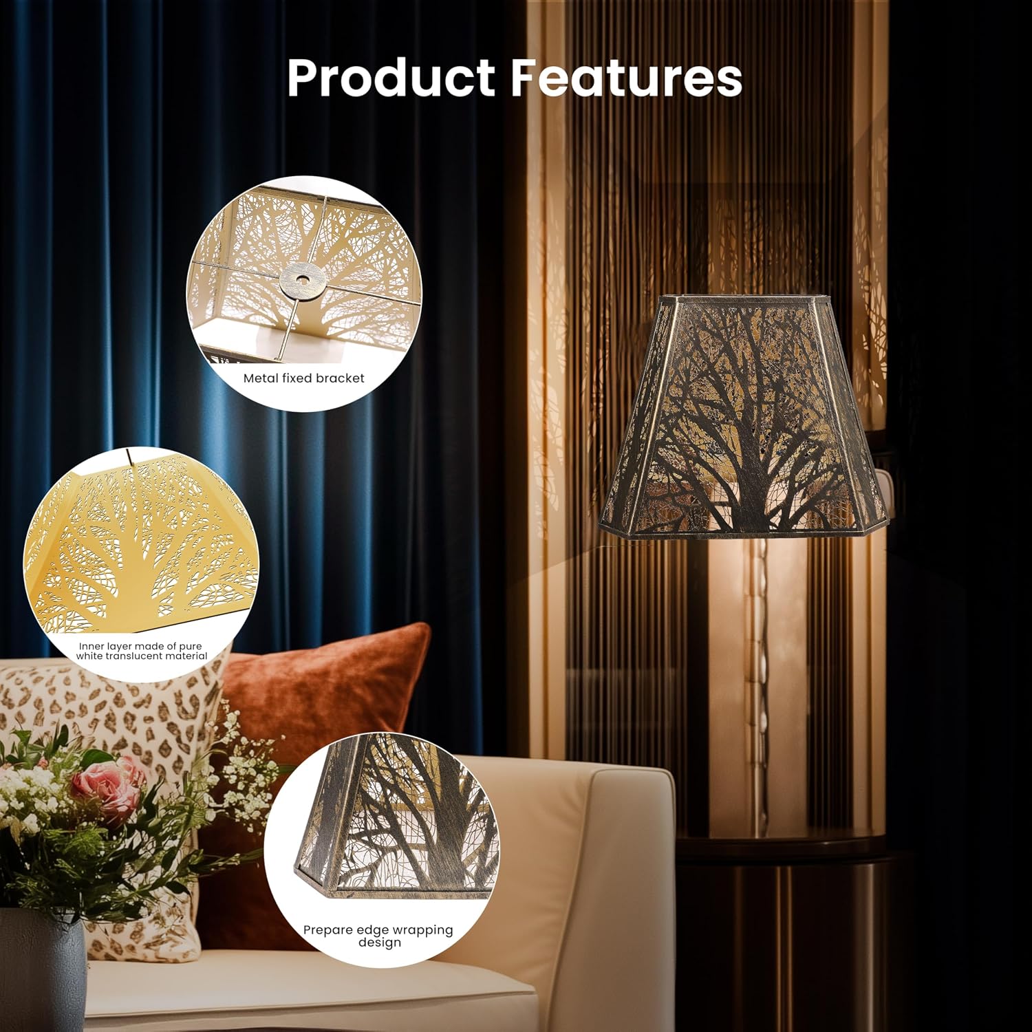 ALUCSET 7"×9"×12.25" Hexagonal Metal Lamp Shade, Forest Etched Tree Shadow Glow Lampshade with Spider Fitter for Table & Floor Lamps