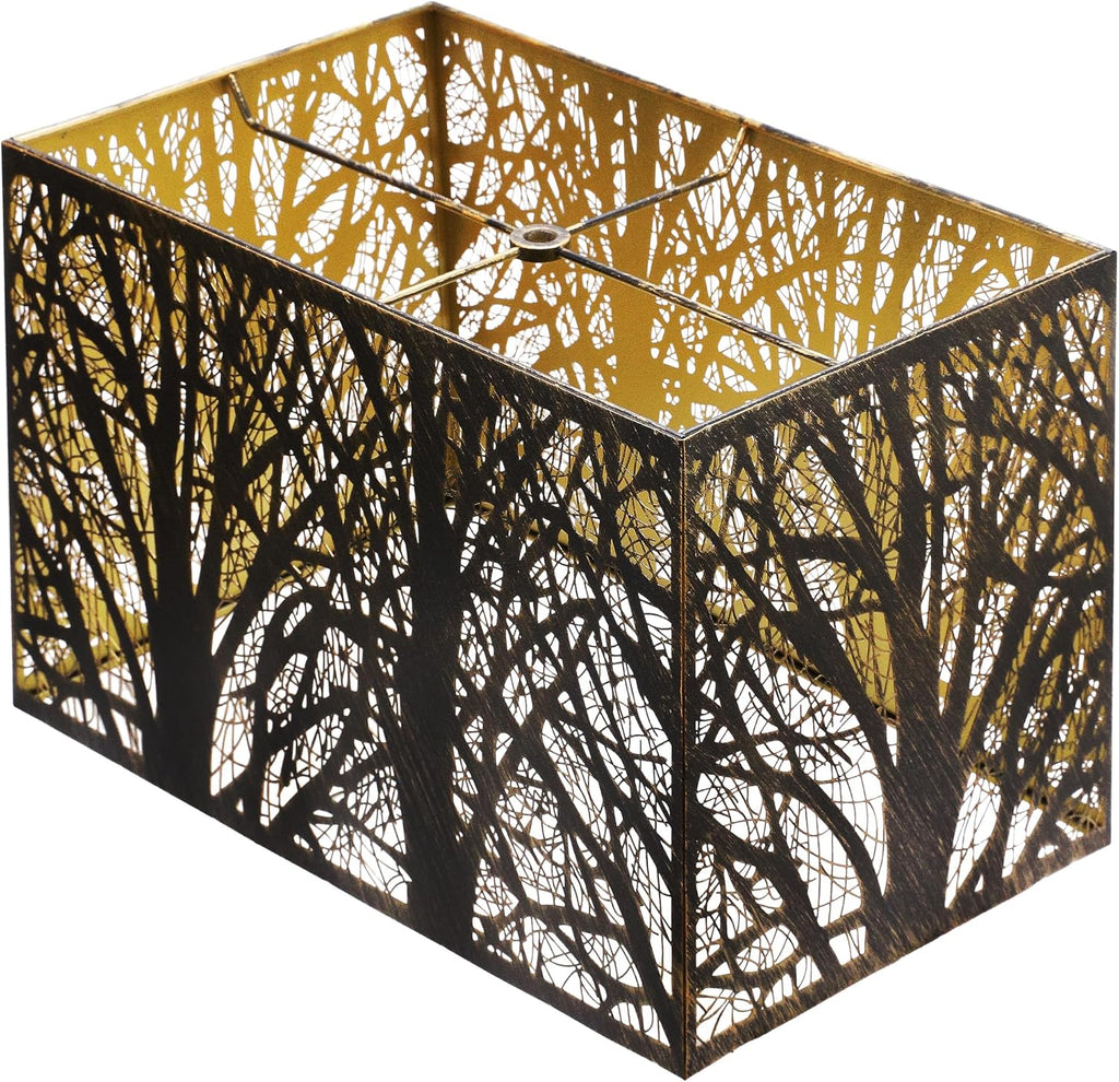 ALUCSET 14"×8"×9" Rectangular Metal Lamp Shade, Forest Etched Tree Shadow Glow Lampshade with Spider Fitter for Table Lamps