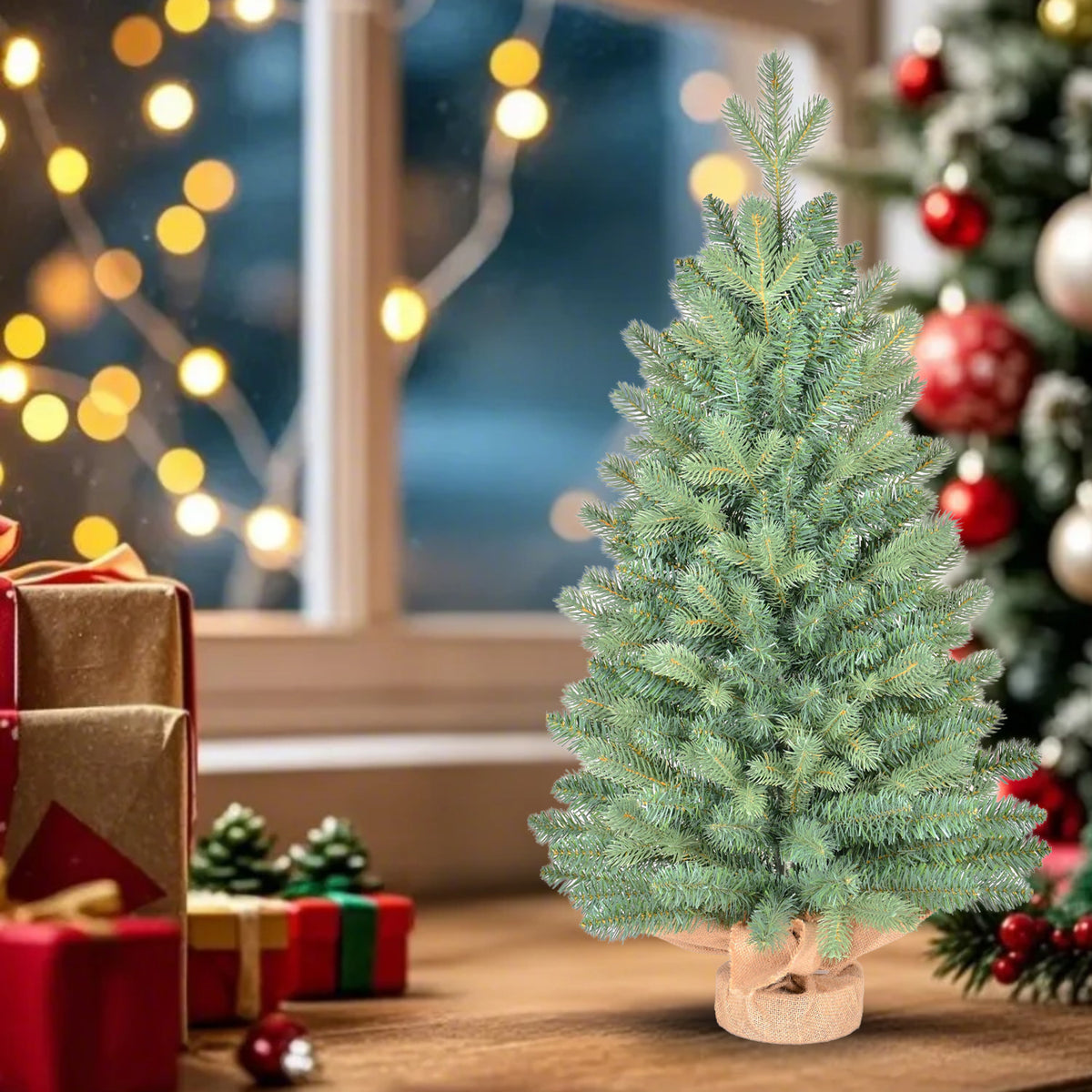 2ft Artificial Mini Christmas Tree, Realistic Green Pine with Burlap Base, Unlit Tabletop Xmas Decor for Home Holiday Party