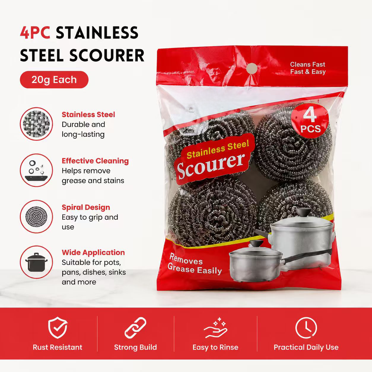 4 Pack Stainless Steel Scrubbers, Heavy Duty Metal Scouring Pads for Kitchen Pots Pans Dishes Sink Grease Cleaning