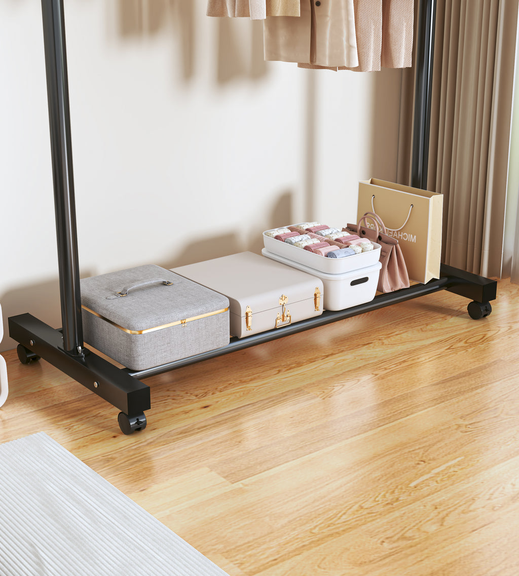 Coat Rack,Dress Up Storage, Freestanding Garment Organizer with Top Rod and Storage Bottom Shelf Space-Saving for Bedroom Home