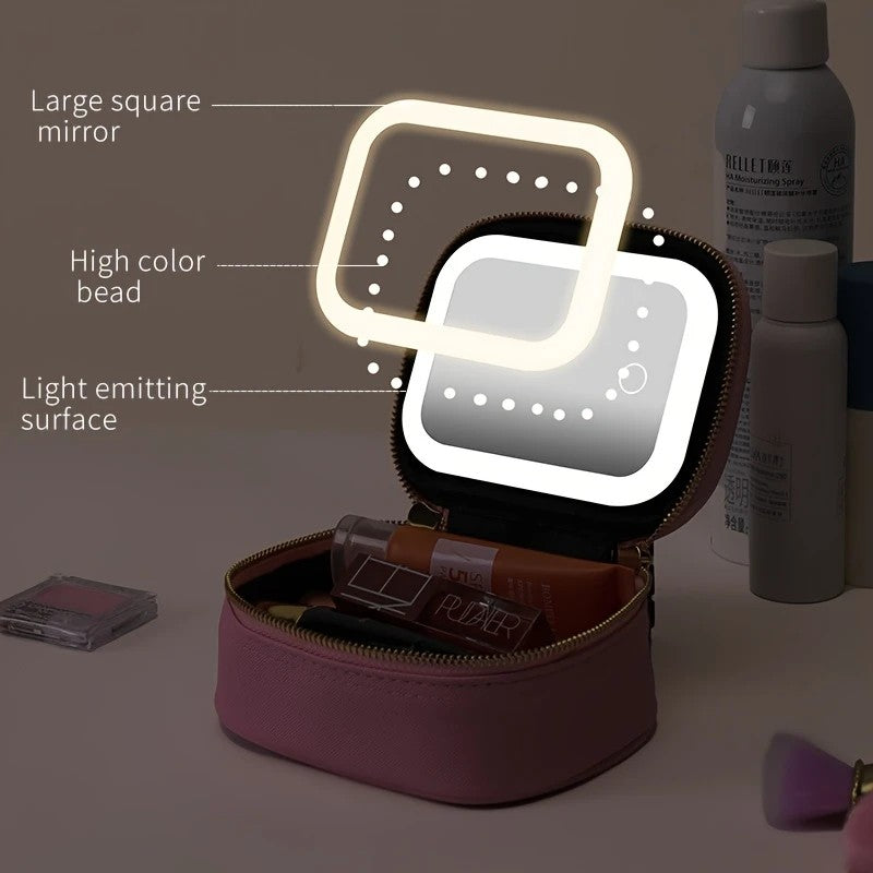 LED Lighted Makeup Bag 3 Colors  Removable Mirror Travel Train Case