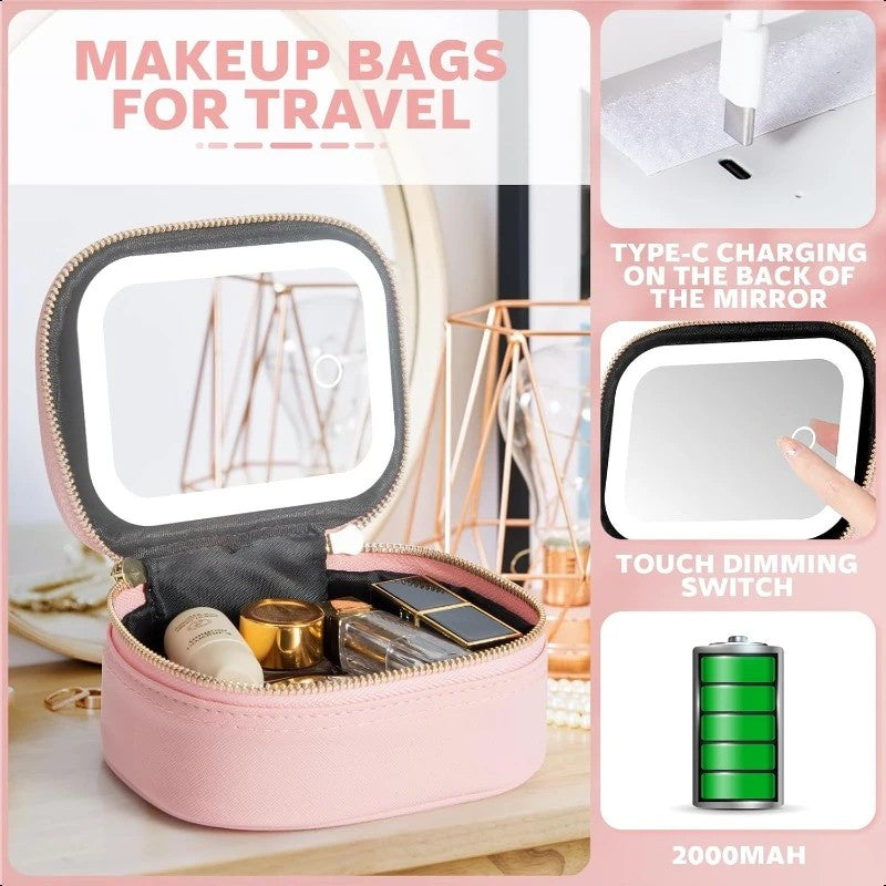 LED Lighted Makeup Bag 3 Colors  Removable Mirror Travel Train Case