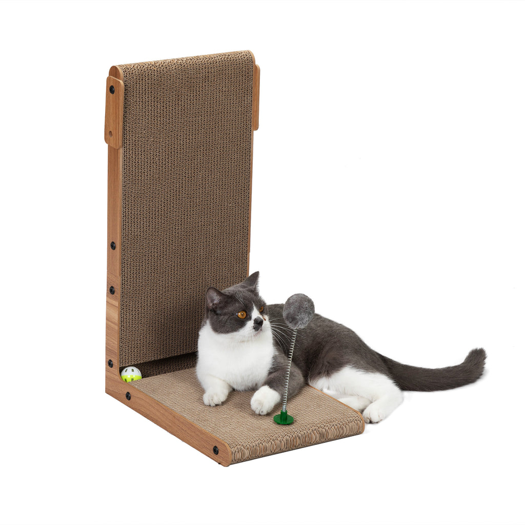 L-Shaped Cat Scratcher, Vertical Corrugated Cardboard Cat Scratching Board with Spring Plush Ball & Bell Toy, Protect Furniture Cat Scratch Pad